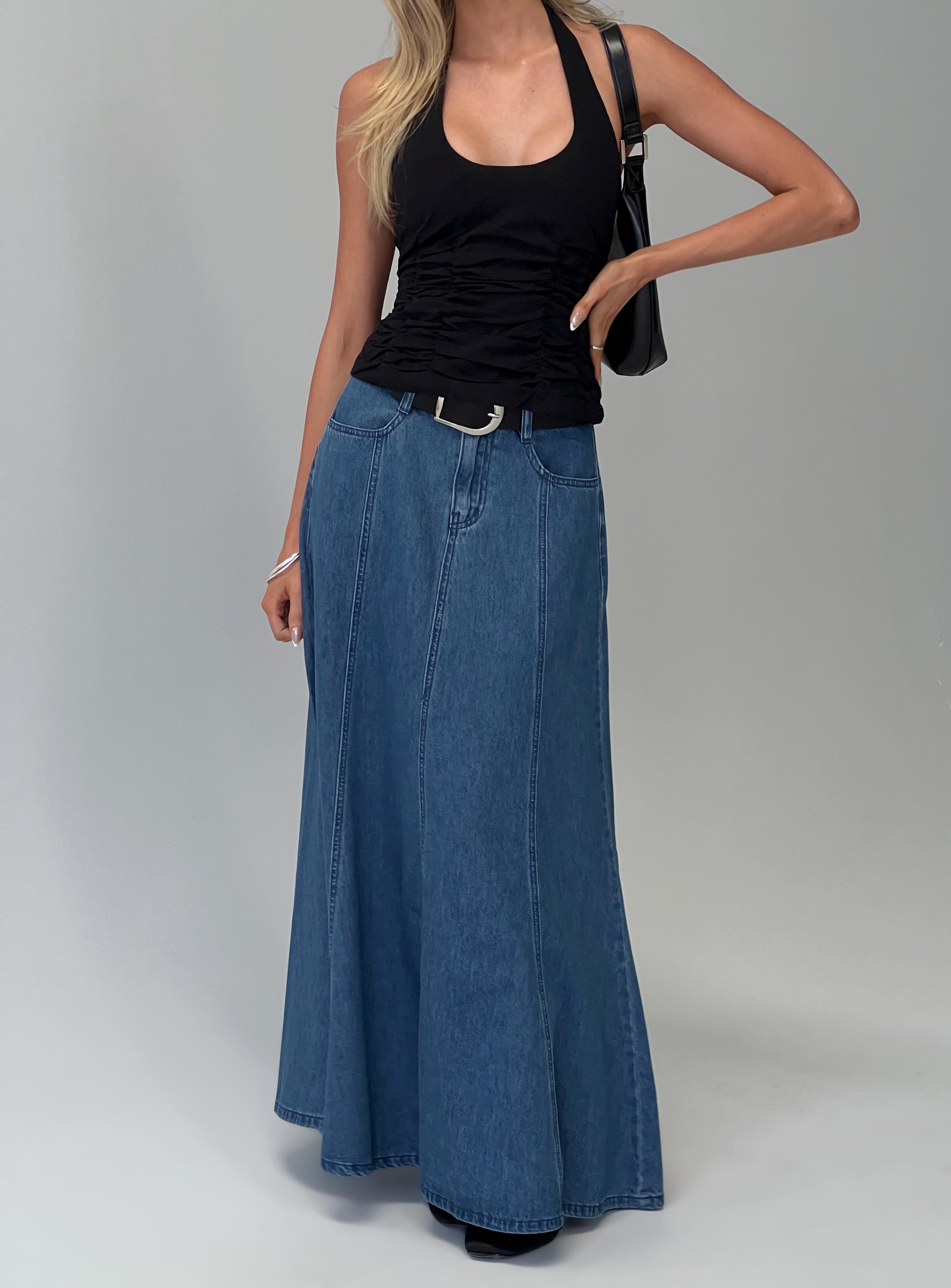 Charleigh Soft Pleat Denim Maxi Skirt Mid Blue Wash | Princess Polly
