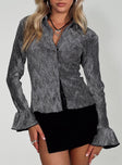 front view of model wearing Princess Polly Ondinie Long Sleeve Top Silver Full Sleeves V-Neck 