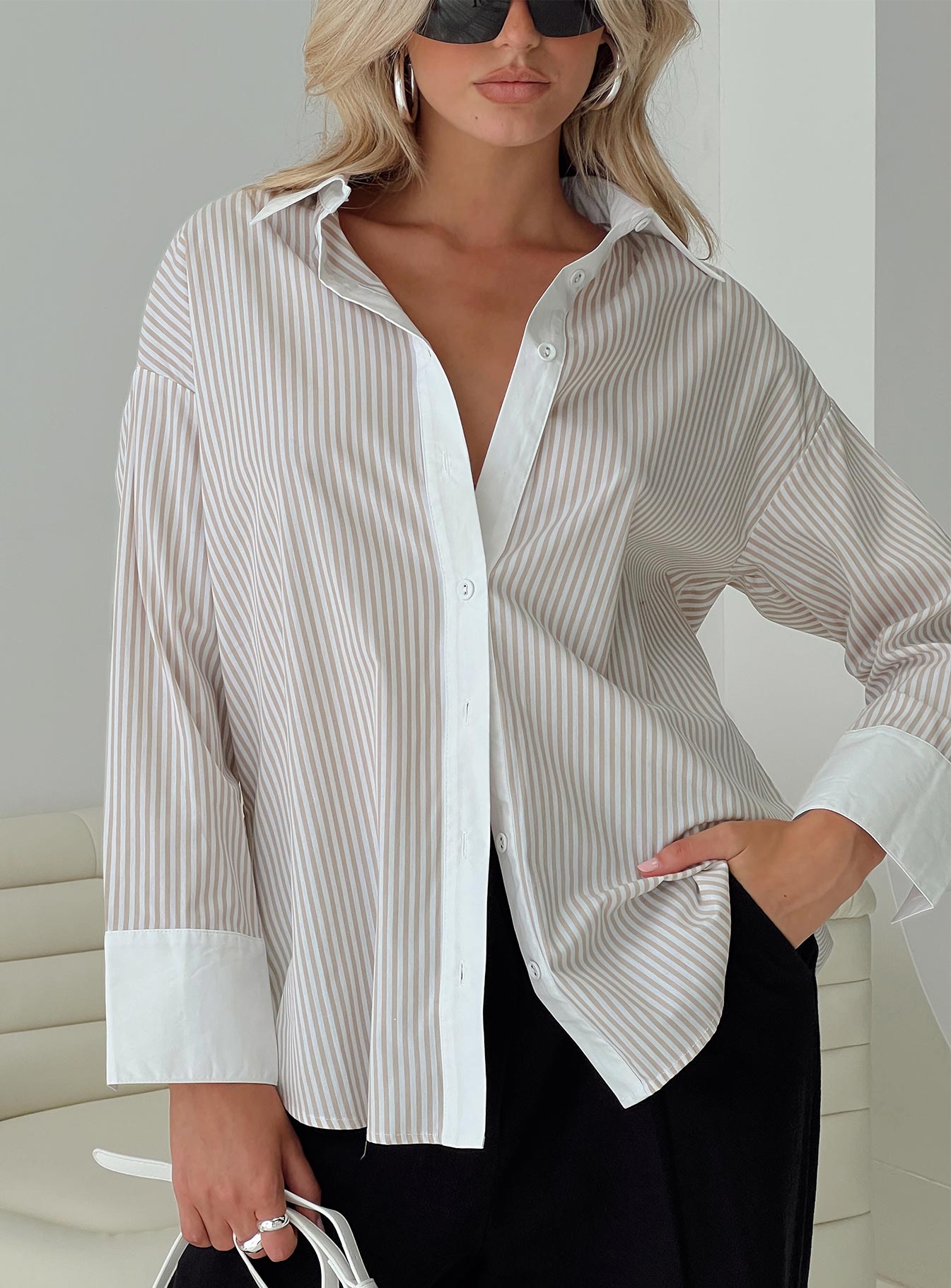 front view of model wearing Princess Polly Only We Know Shirt Beige Full Sleeves V-Neck 