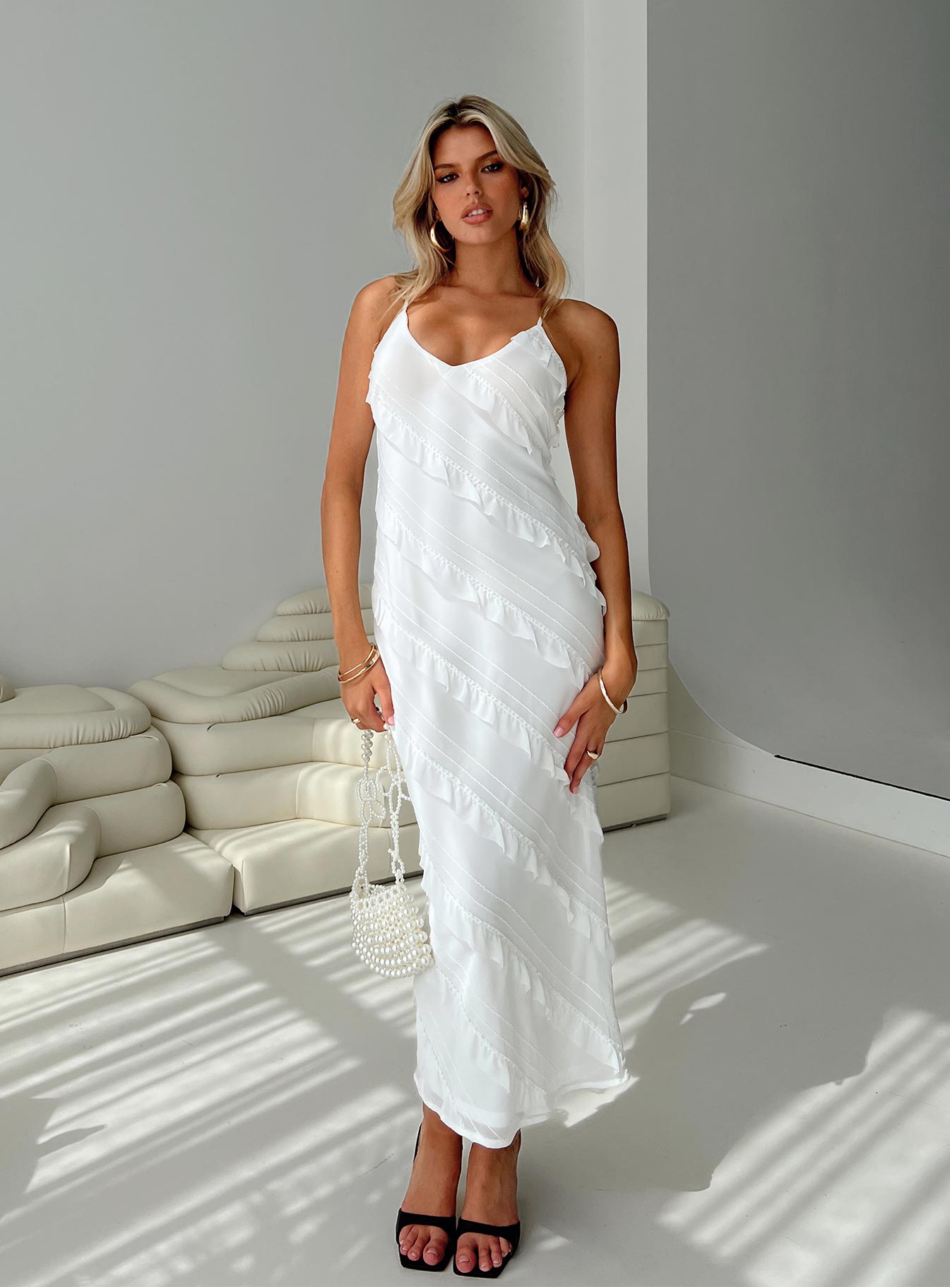 front view of model wearing Princess Polly Lars Maxi Dress White Scoop Neck 