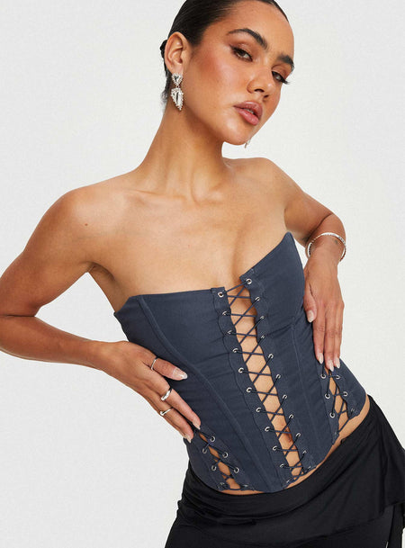 Lacing-detail corset top - Denim black - Ladies