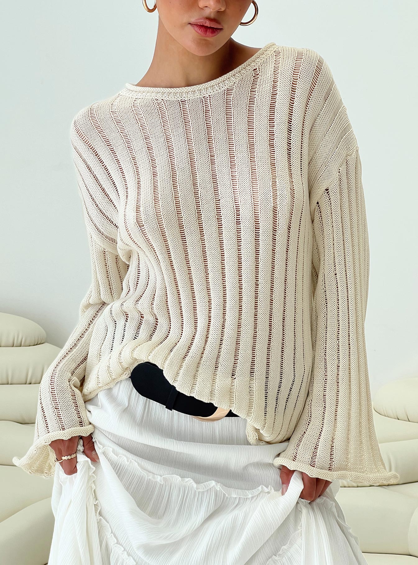front view of model wearing Princess Polly Ambra Sweater Cream Long 