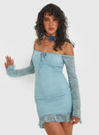 Princess Polly Square Neck  Boville Off The Shoulder Lace Mini Dress Blue