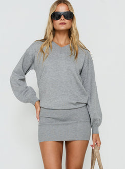 Latrina V Neck Long Sleeve Knit Mini Dress Dark Grey