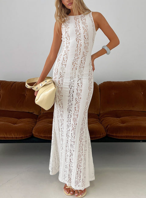 white sheer lace maxi dress Laurenza Sheer Lace Maxi Dress Off White