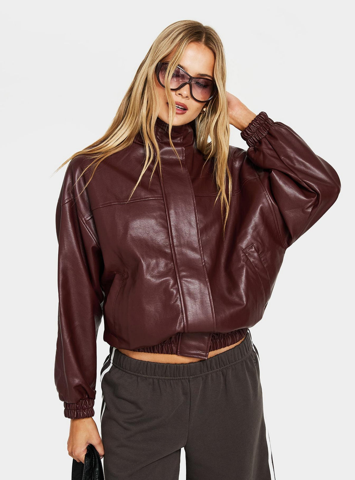 Dialtone Funnel Neck Faux Leather Jacket Burgundy