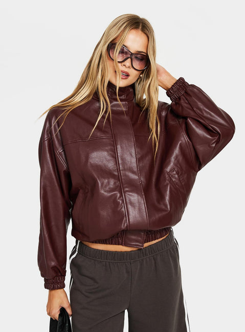 Dialtone Funnel Neck Faux Leather Jacket Burgundy