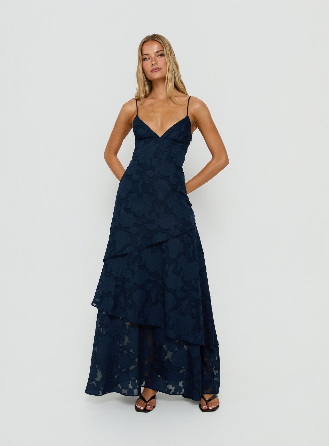 Lyricah Tiered Tie Back Maxi Dress Navy | Princess Polly