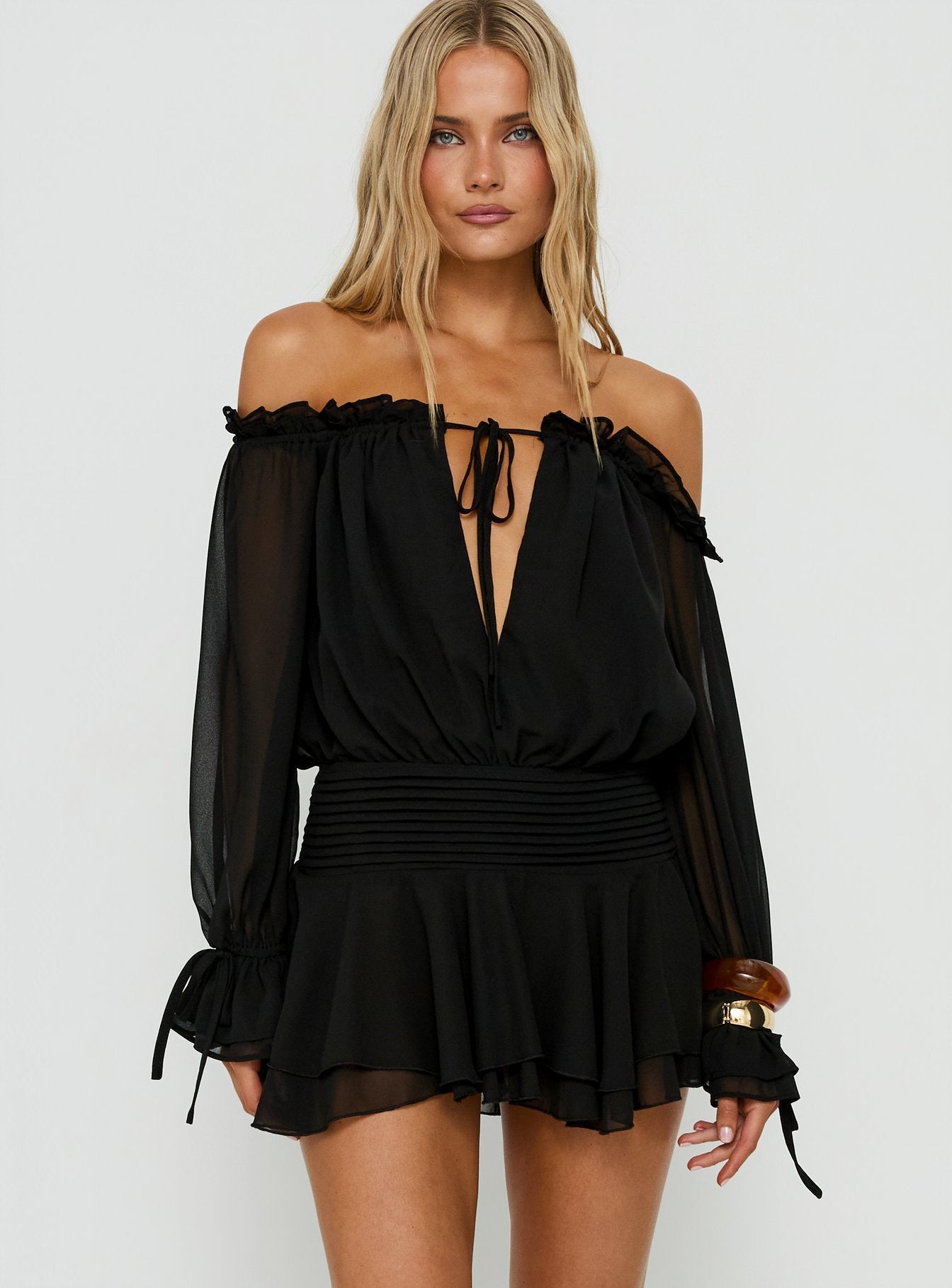 Felicita Off Shoulder Long Sleeve Chiffon Mini Dress | Black | Womens