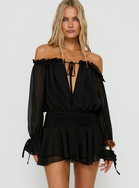 Felicita Off Shoulder Long Sleeve Chiffon Mini Dress Black