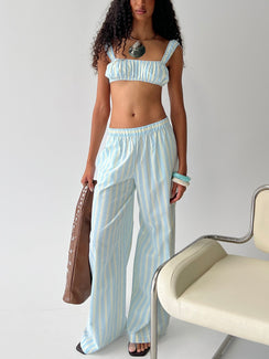 front view of model wearing Princess Polly Talyssa Elasticated Waist Pants Blue Stripe Mid Rise Pants 