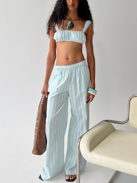 front view of model wearing Princess Polly Talyssa Elasticated Waist Pants Blue Stripe Mid Rise Pants 