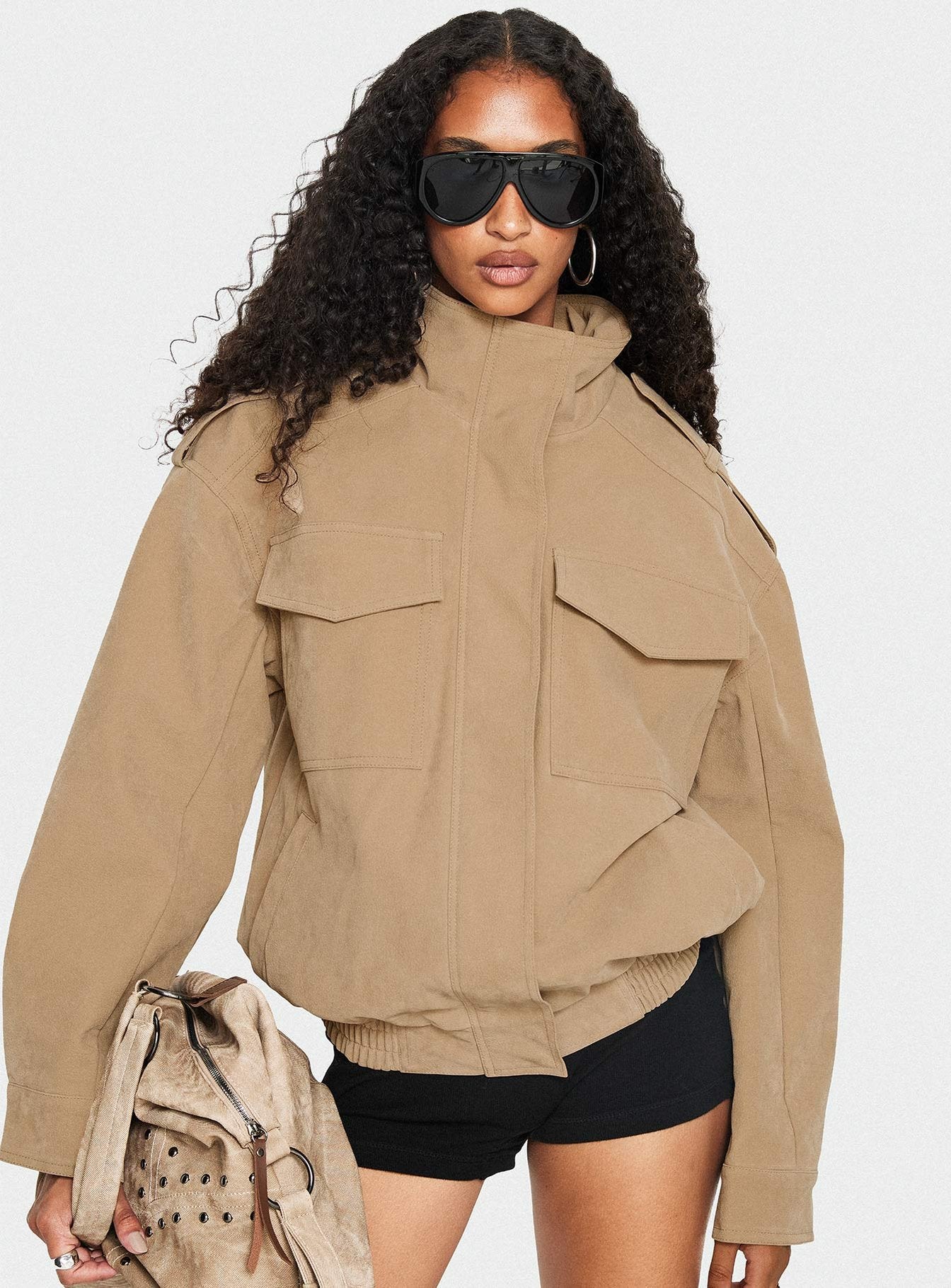Double Life Funnel Neck Cargo Jacket Beige Petite