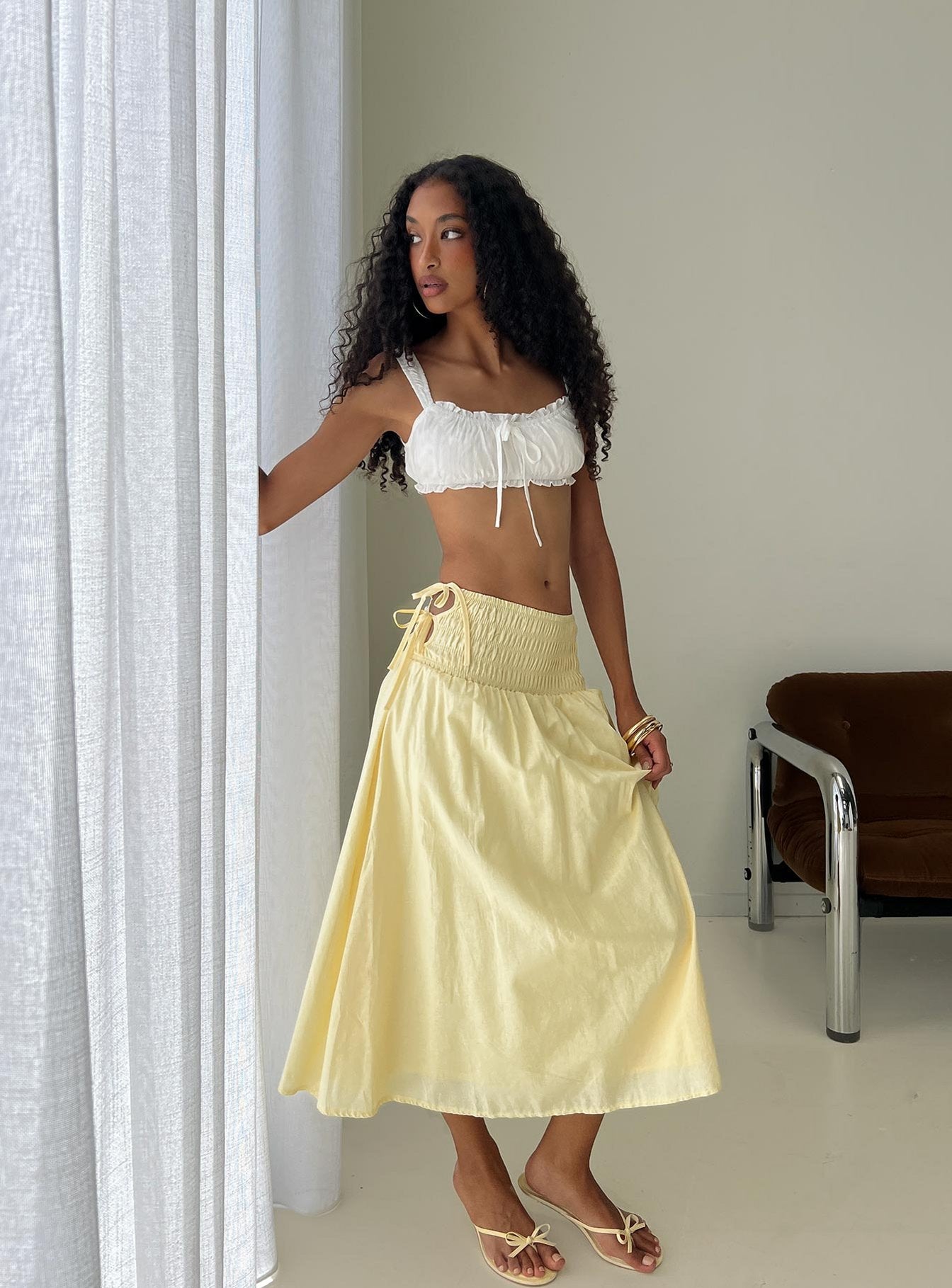 Vence Ruched Maxi Skirt Lemon Yellow | Princess Polly