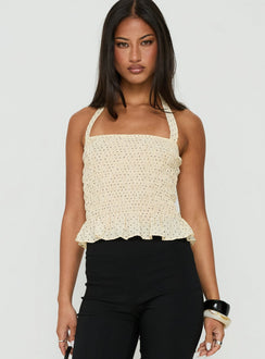 Almost Love Shirred Halter Top Butter Polka Dot