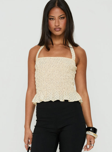 Almost Love Shirred Halter Top Butter Polka Dot