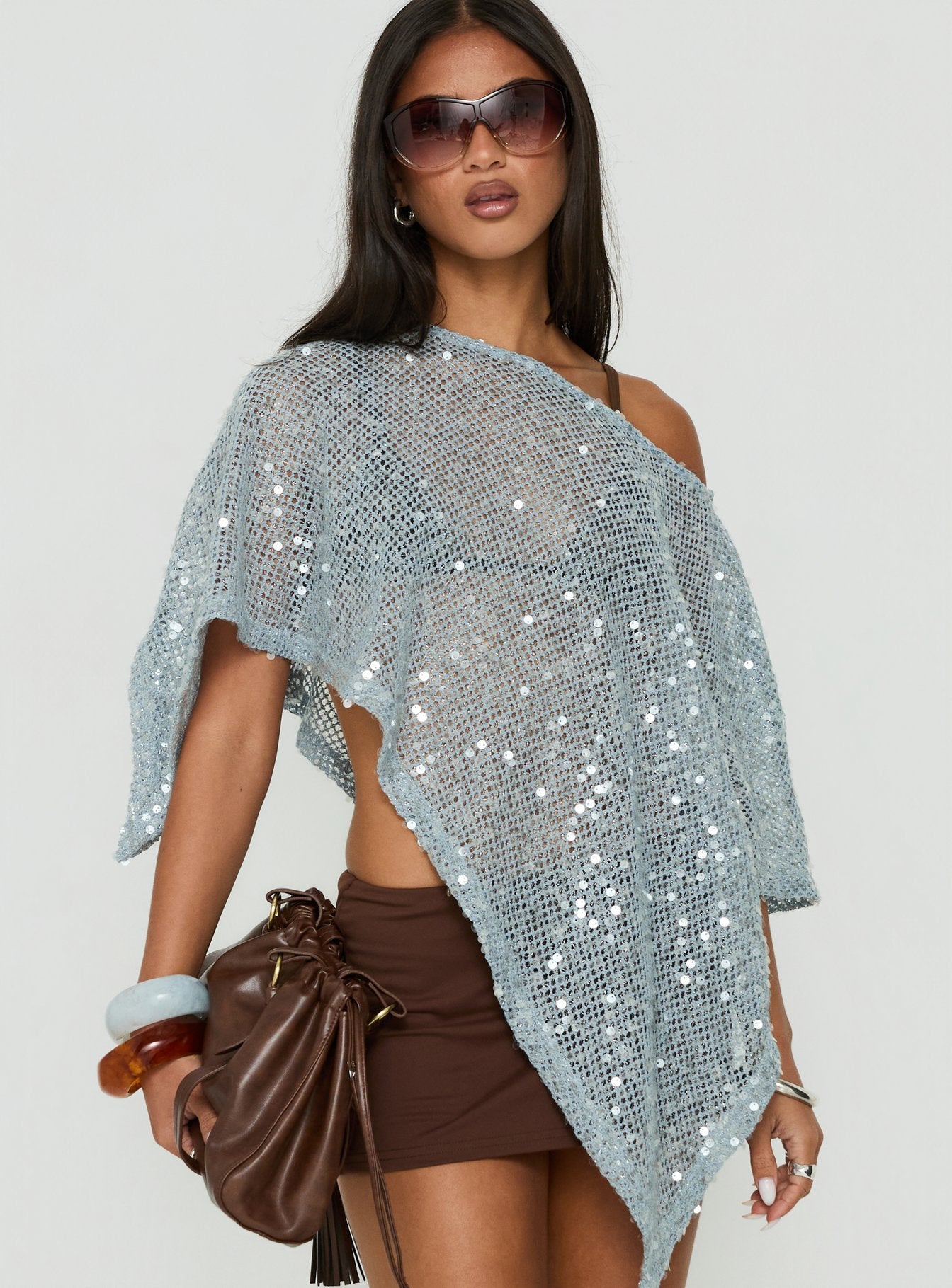 Grotto Asymmetrical Boat Neck Poncho Blue Sparkle