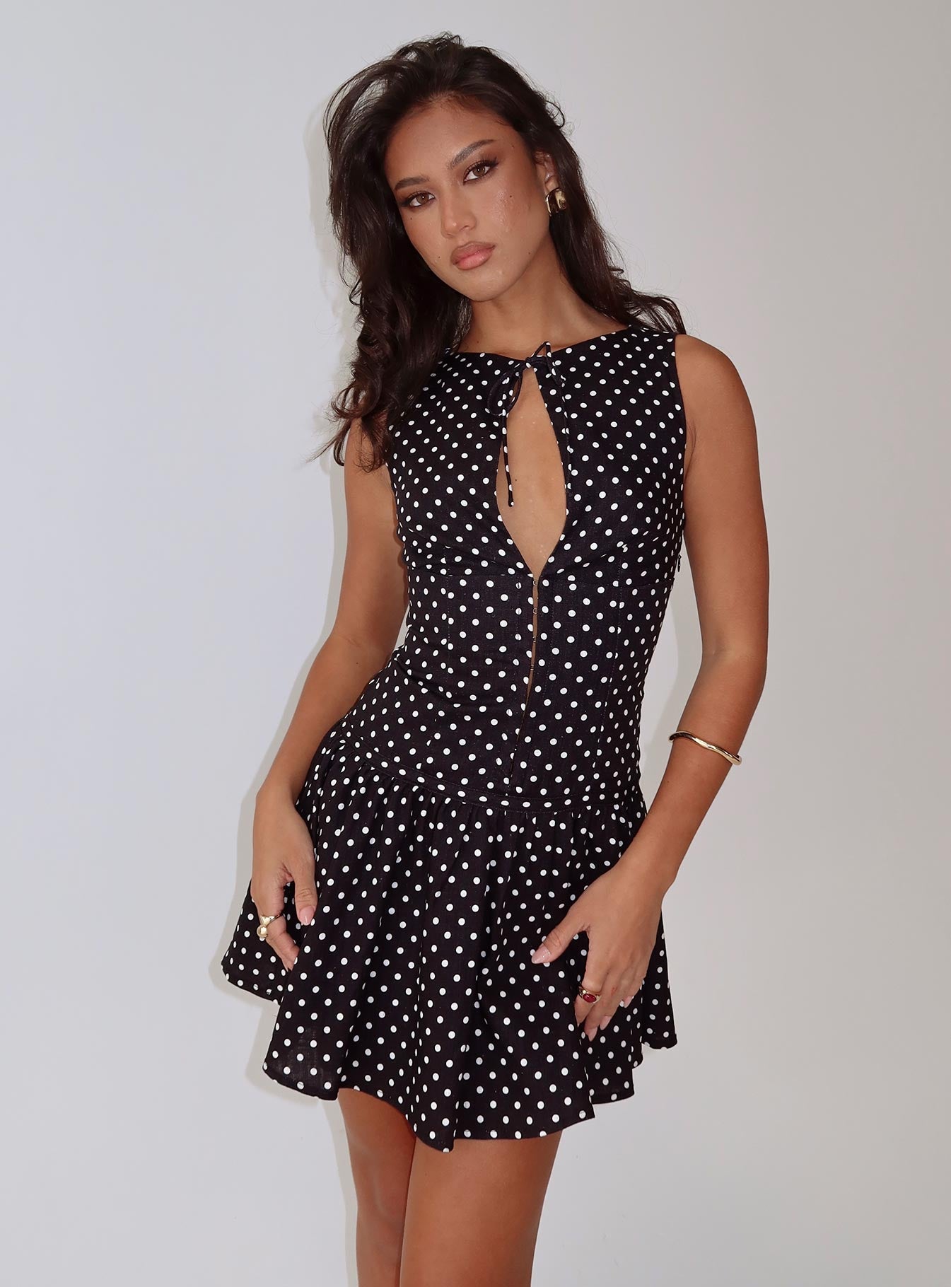Alissea Keyhole Linen Blend Mini Dress Black Polka | Princess Polly Alissea Keyhole Linen Blend Mini Dress Black Polka | Princess Polly