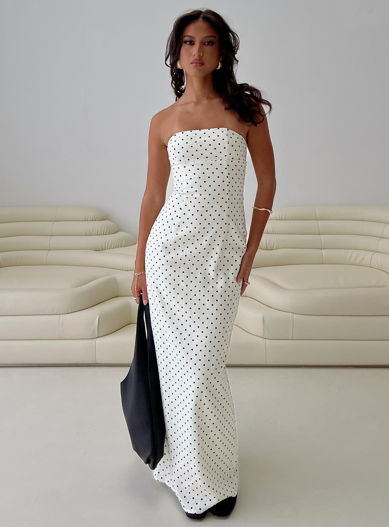 Dovie Linen Blend Strapless Midi Dress Cream Polka | Princess Polly Dovie Linen Blend Strapless Midi Dress Cream Polka | Princess Polly