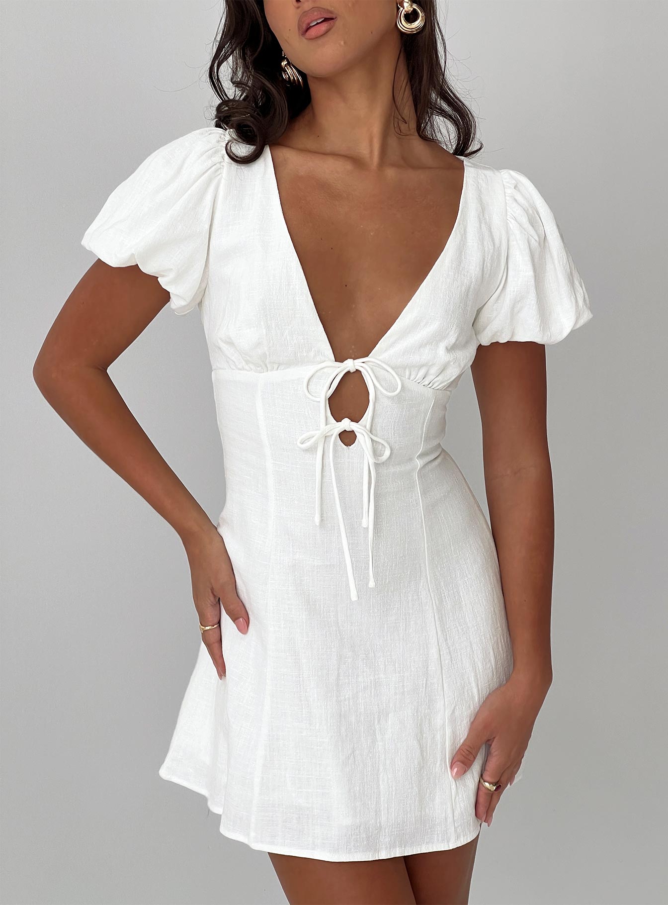 Beloved Puff Sleeve Linen Blend Mini Dress White | Princess Polly Beloved Puff Sleeve Linen Blend Mini Dress White | Princess Polly