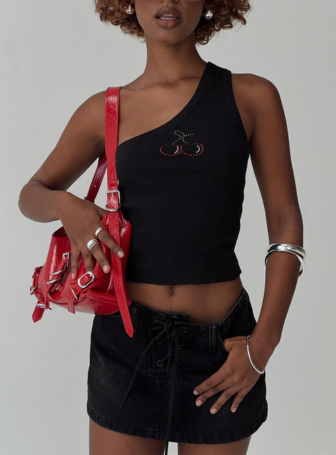 front view of model wearing Princess Polly Jase One Shoulder Top Black Sleeveless Asymmetric Neckline 