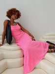 side view of model wearing Princess Polly Maribelle Maxi Dress Pink Square Neck 