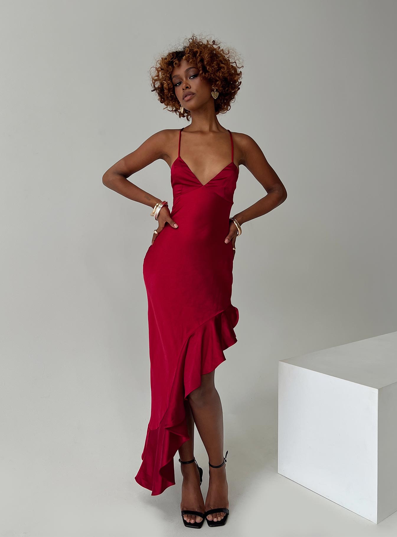 front view of model wearing Princess Polly Casen Maxi Dress Red Plunger 