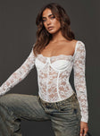 side view of model wearing Princess Polly Cadrot Long Sleeve Lace Bodysuit White Full Sleeves Sweetheart 