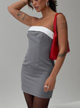 side view of model wearing Princess Polly Tein Strapless Mini Dress Grey / White Straight Neck 