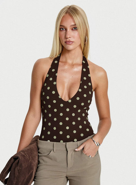 front view of model wearing Princess Polly Someone New Halter Bodysuit Chocolate Polka Sleeveless 