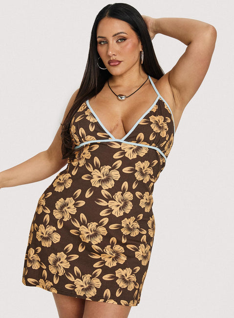 Mishie Halter Mini Dress Brown / Blue Floral Curve | Princess Polly Mishie Halter Mini Dress Brown / Blue Floral Curve | Princess Polly