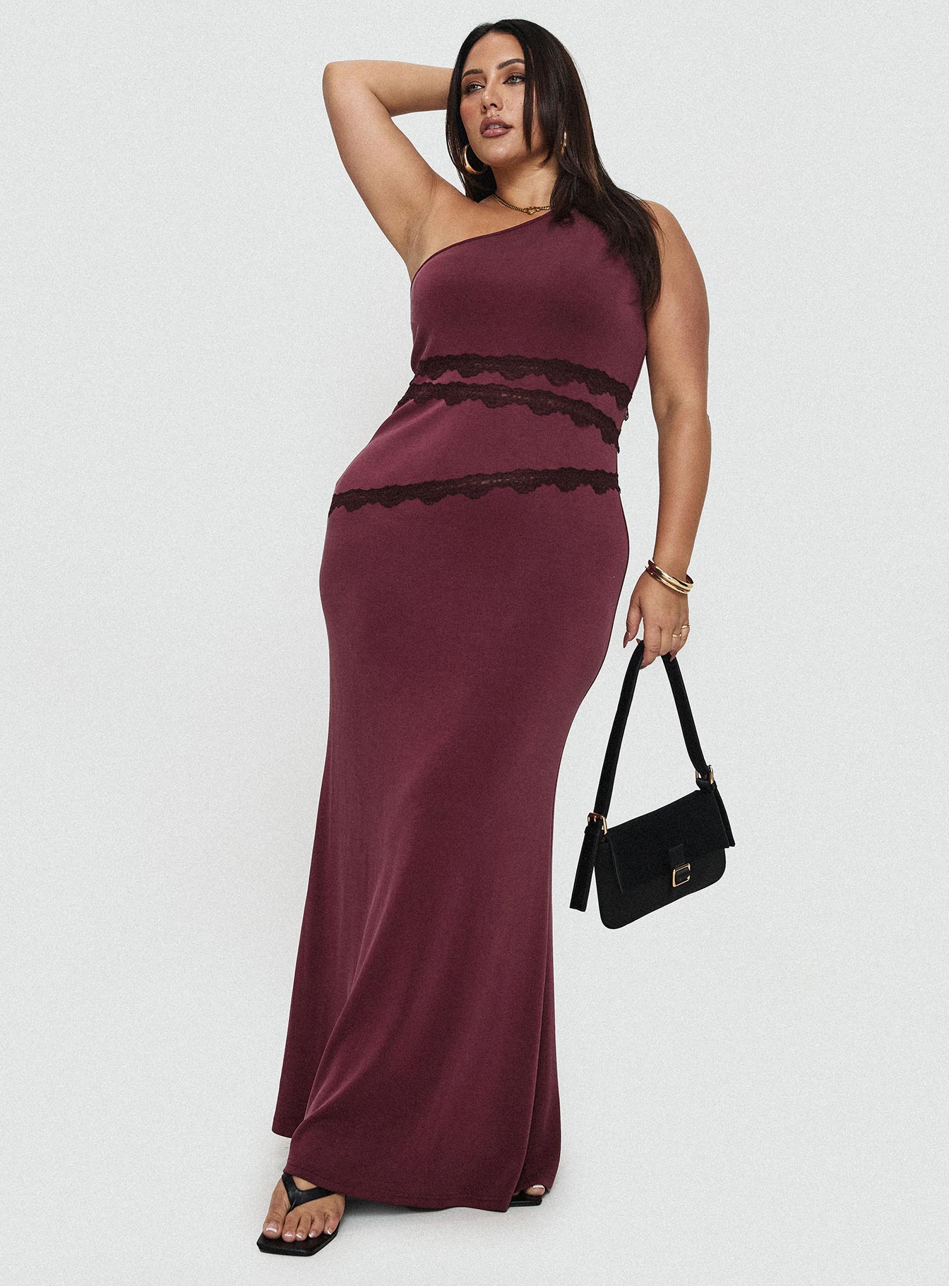 Ultraviolet One Shoulder Lace Maxi Dress Wine Curve | Princess Polly Ultraviolet One Shoulder Lace Maxi Dress Wine Curve | Princess Polly
