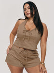 front view of model wearing Princess Polly Eternal Youth Faux Suede Top Taupe Curve Sleeveless V-Neck 