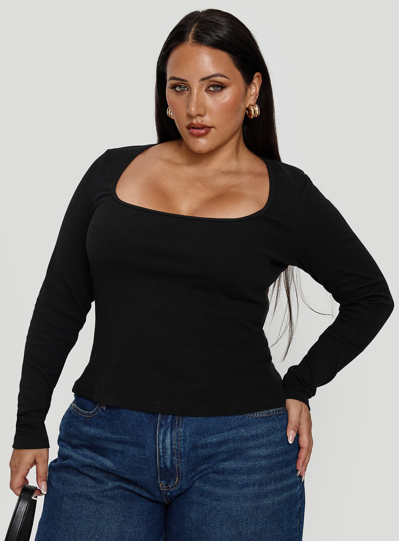 front view of model wearing Princess Polly Baseline Long Sleeve Top Black Curve Full Sleeves Square Neck 