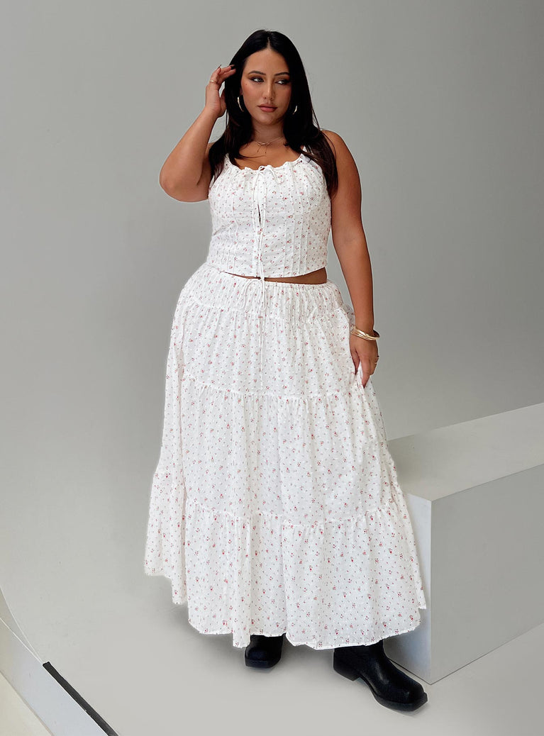   front view of model wearing Princess Polly Cherry On Top Maxi Skirt White Floral Curve Maxi 