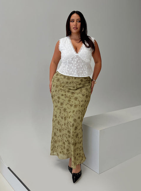 back view of model wearing Princess Polly Piazia Maxi Skirt Green Curve Maxi 