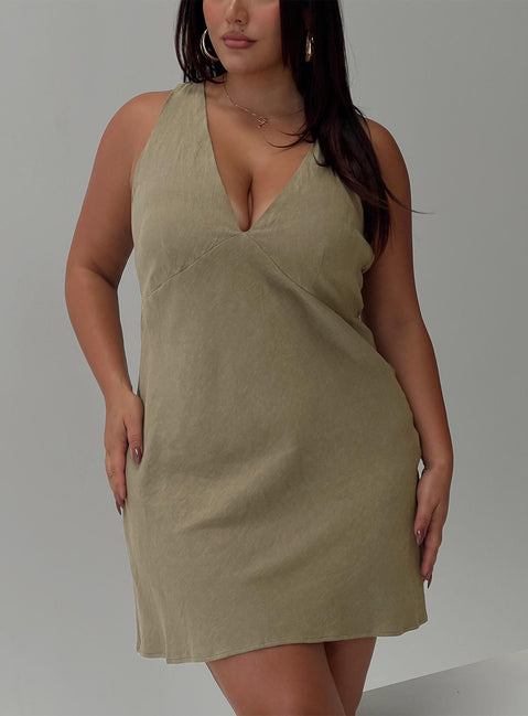 Portillo Linen Blend Mini Dress Olive Curve | Princess Polly Portillo Linen Blend Mini Dress Olive Curve | Princess Polly