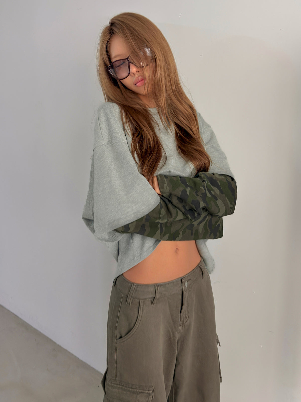 Ryann Long Sleeve Layered Top Grey / Camo