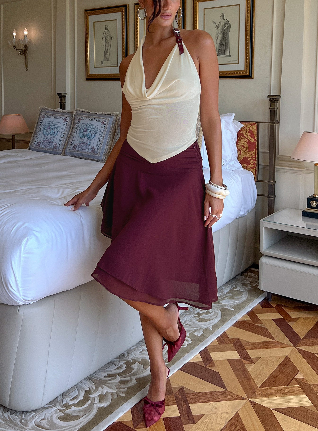 Evanescence Asymmetrical Midi Skirt Cherry