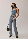 High-rise jeans, mid wash denim Asymmetric waistband, five pockets, zip and button fastening, belt looped waist