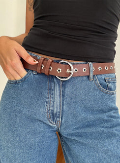Alstro Faux Leather Flower Studded Belt Brown / Silver