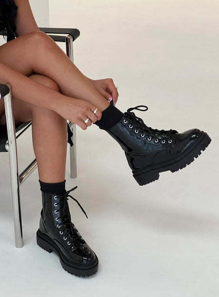 Faux croc leather combat boots Rounded toe, lace up fastening, treaded sole, pull tab at back