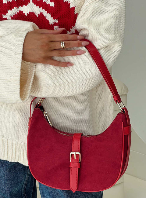 Jaxton Buckle Faux Suede Shoulder Bag Red