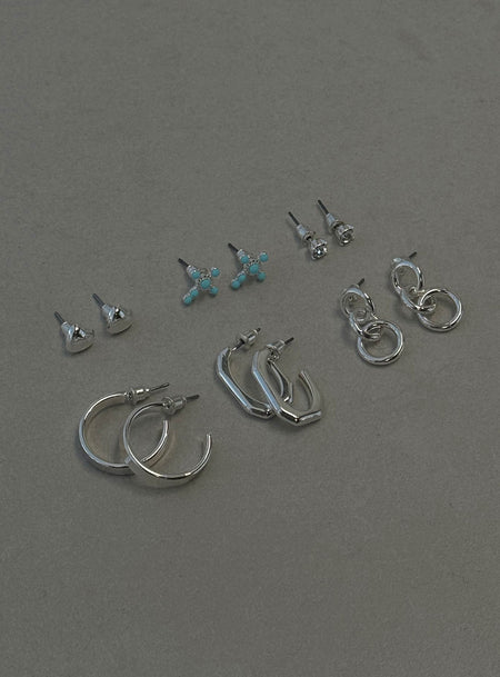 Earring Six pairs included, silver toned, stud fastening Princess Polly Lower Impact 