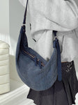 Denim cross-shoulder bag Adjustable shoulder strap, zip fastening, silver-toned hardware, internal zip and slip pockets, separate pouch included