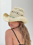 Cowboy hat Woven straw look  Adjustable drawstring Mouldable brim  Adjustable inner band 