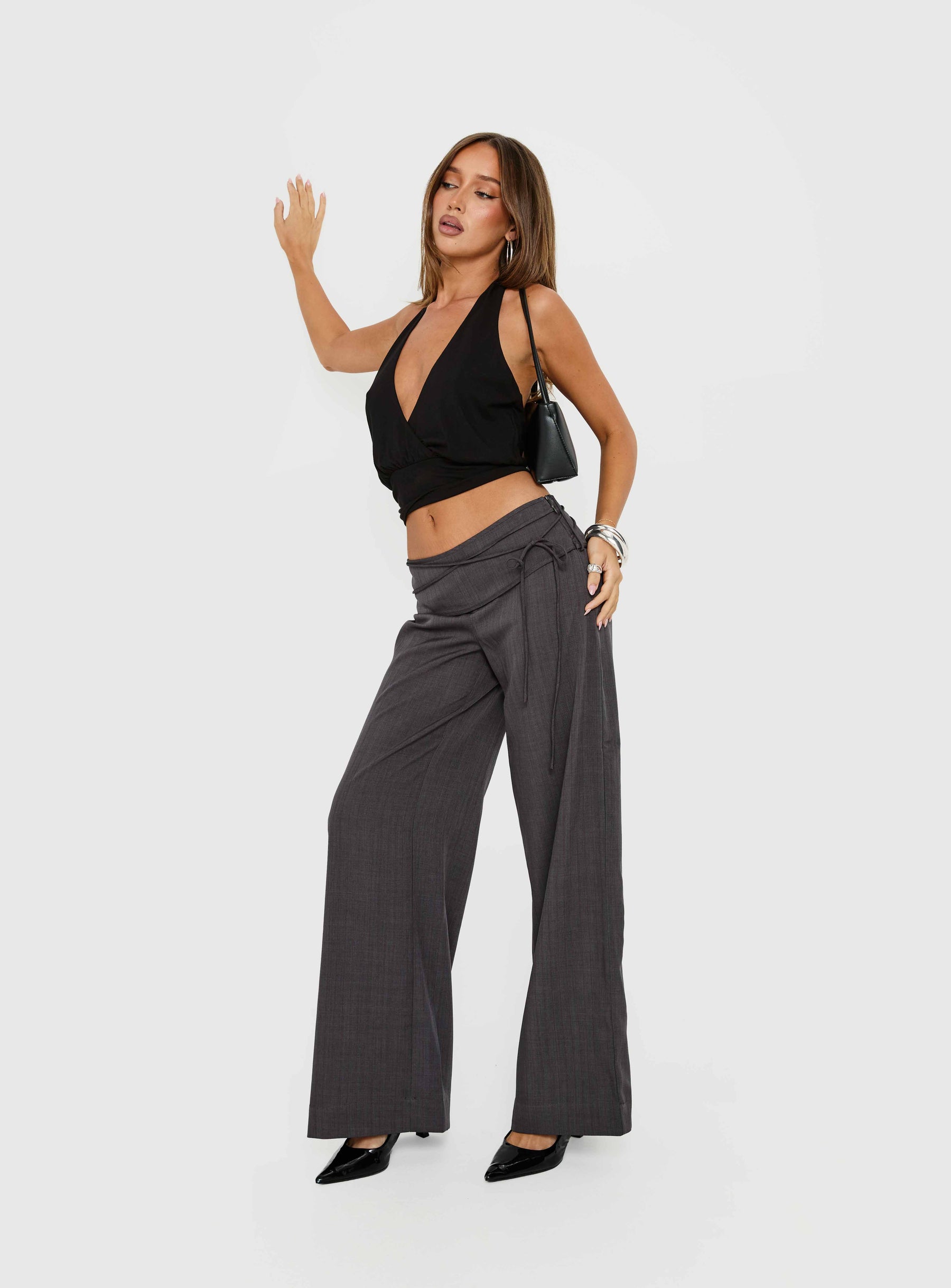 front view of model wearing Princess Polly Silver Moon Tie Pants Charcoal Mid Rise Pants 