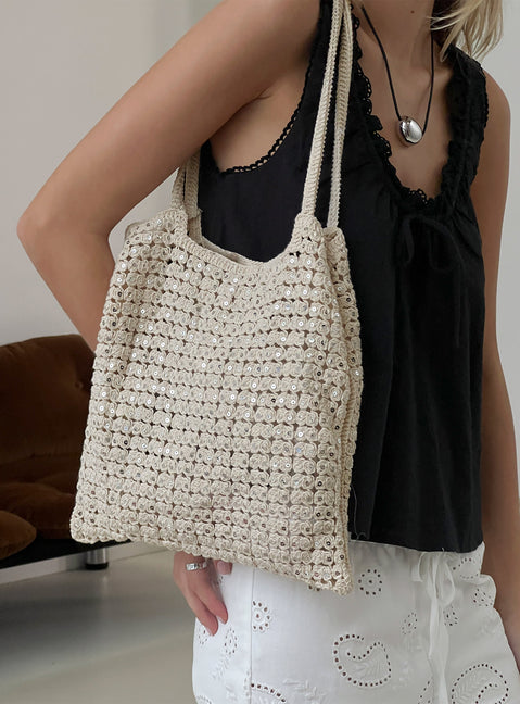Moon Glow Crochet Metallic Tote Bag Cream