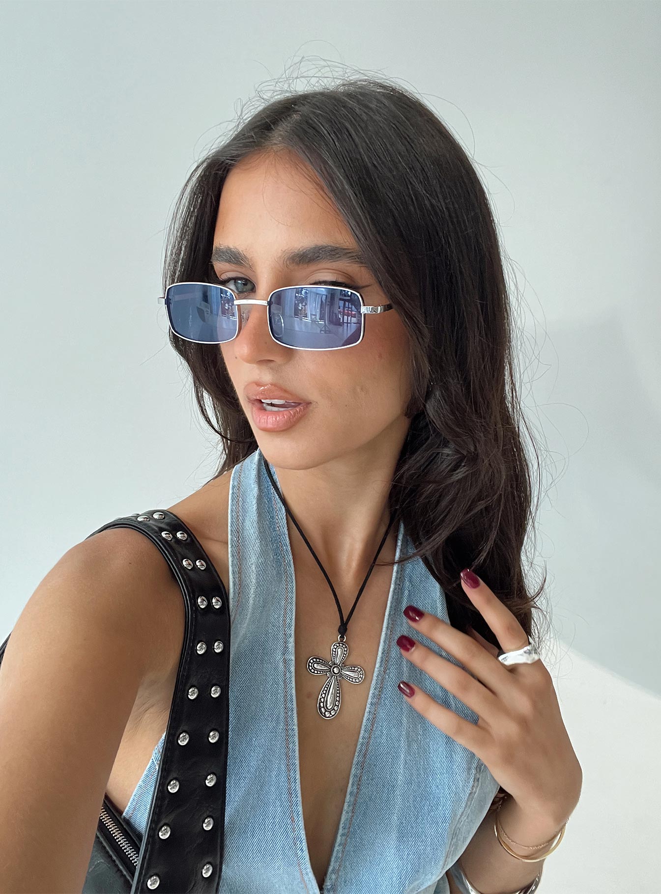 Rectangular sunglasses Silver-toned metal frame, blue-tinted lens, silicone nose pads