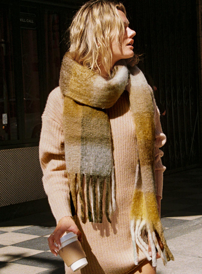 Mixed material wool-based scarf in beige and gold